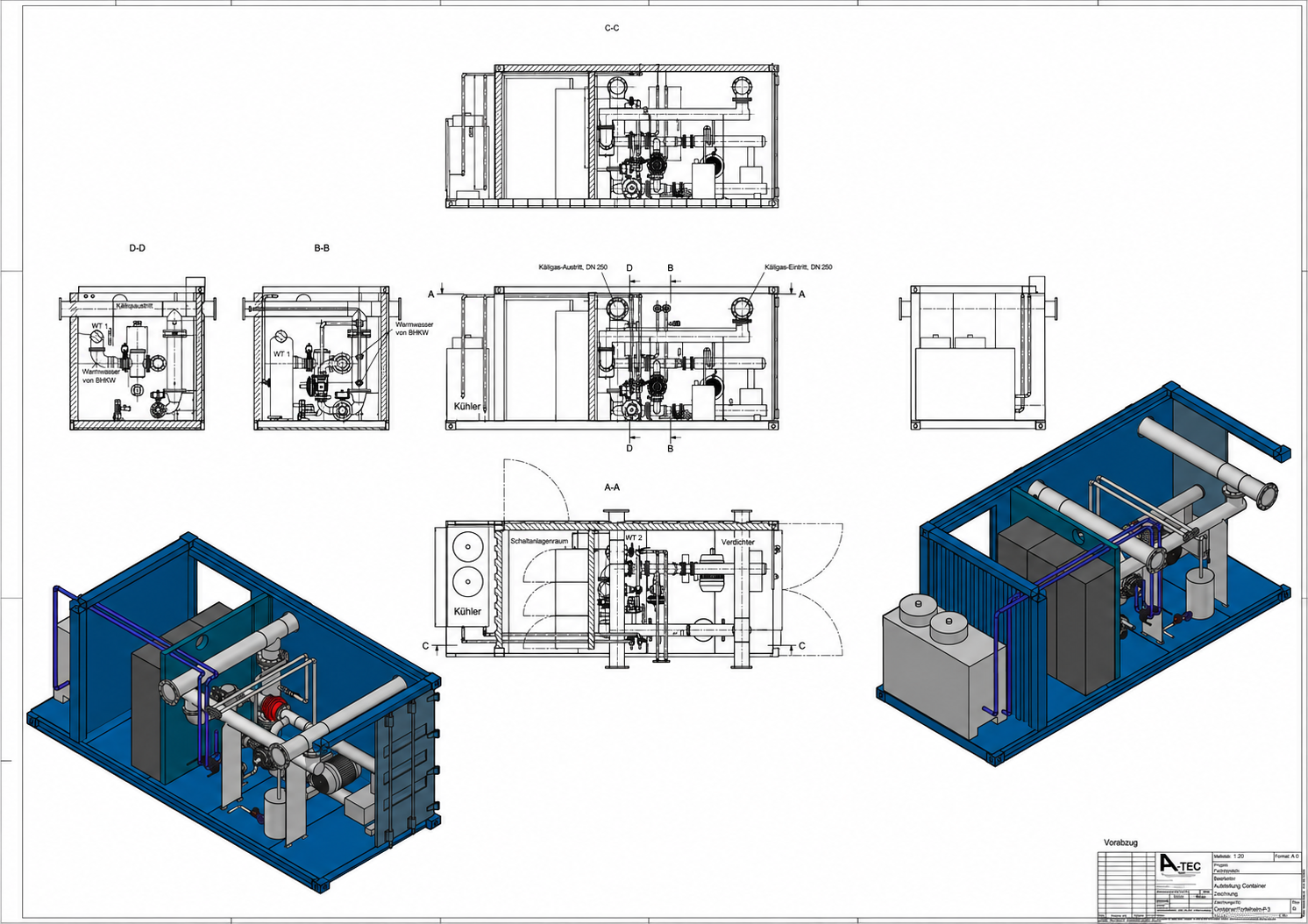 Technische Ansichten der Gasreinigungs-Containeranlage ohne Bemassung